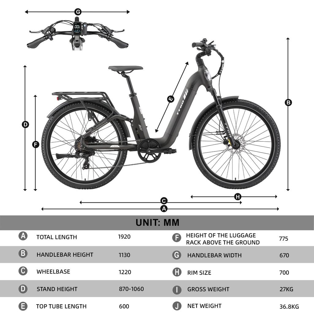 Bicicletă Electrică TTGO E-SUVO Motor 250W Baterie 48V15Ah Autonomie Maximă 120km Anvelope 27.5“ × 2.4” Cadru Suspensie Completă Frâne cu Disc Hidraulice Shimano 7 viteze