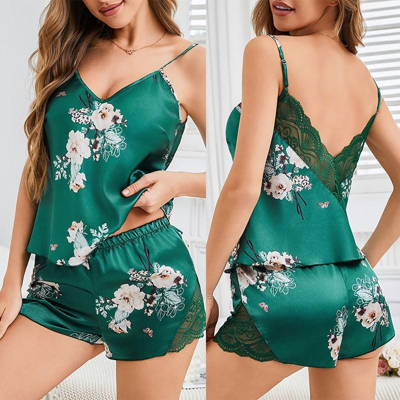 Women'S Sexy Satin Lace Camisole and Panty Set - Solid Color V-Neck Sleepwear with Contrast Lace Detail, All-Season Comfort