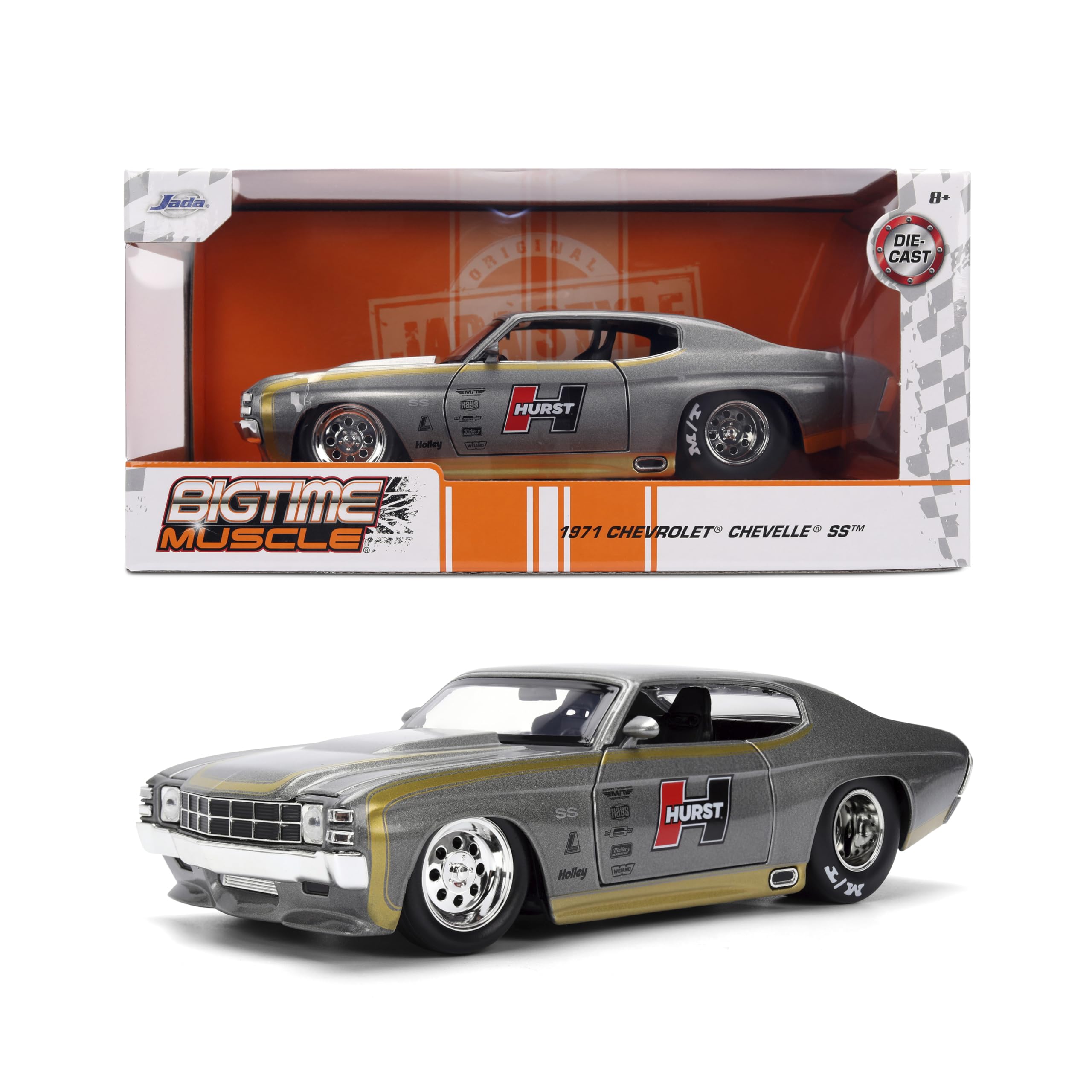 Jada Toys Big Time Muscle 1971 Chevrolet Chevelle Diecast Car Opening Rubber Tires 124 – Doors, Hood, Trunk, (Metallic Gray)