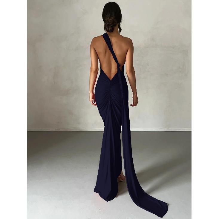 One Shoulder Rückenfrei Verstellbarer Schal Loop Gerafftes Sexy Maxikleid Damen Elegant Y2K Streetwear Festival Outfit