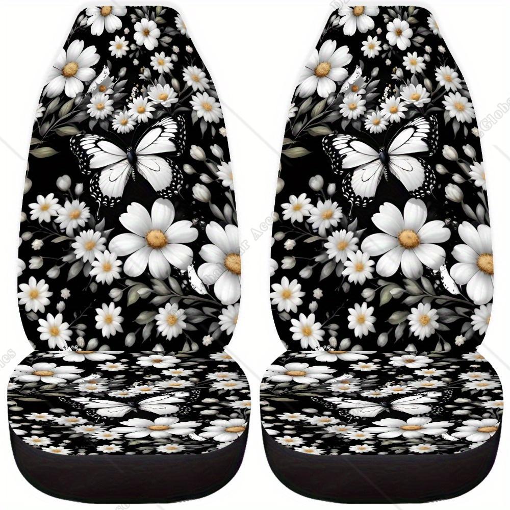 2Pcs White Daisy Butterfly Universal Car Seat Covers Front Seat Protector For Cars Suv For Women And Men