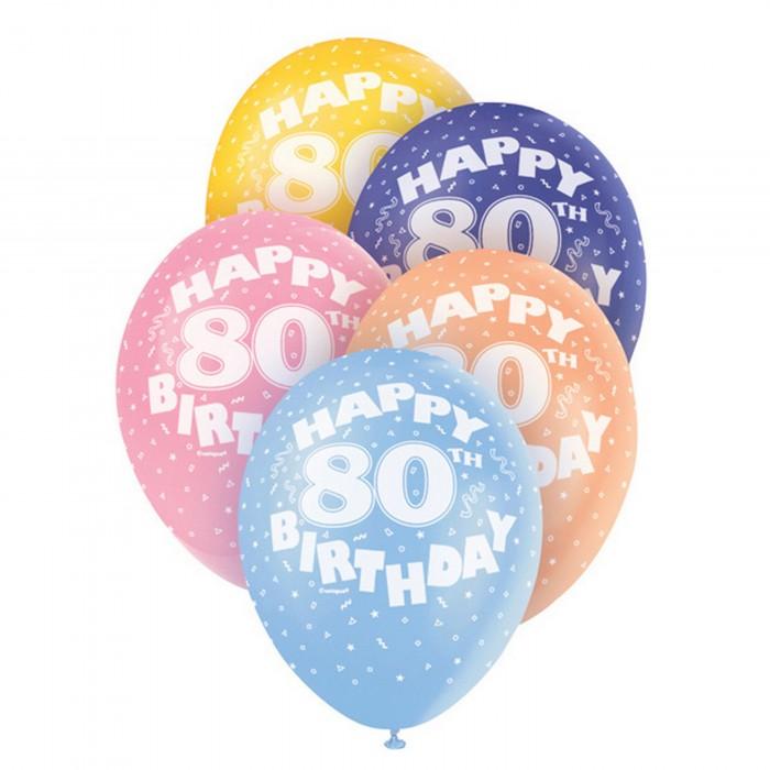 Unique Party 12 Inch 80th Assorted Latex Balloons (Pack Of 5)