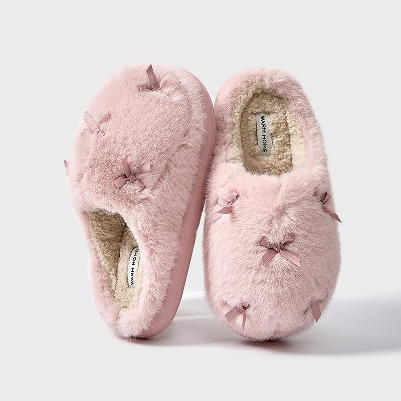 Women Indoor Fluffy Slippers Warm Faux Fur Bow Knot Female Winter Cotton Shoes Soft Plush Girls Home House Floor Slipper