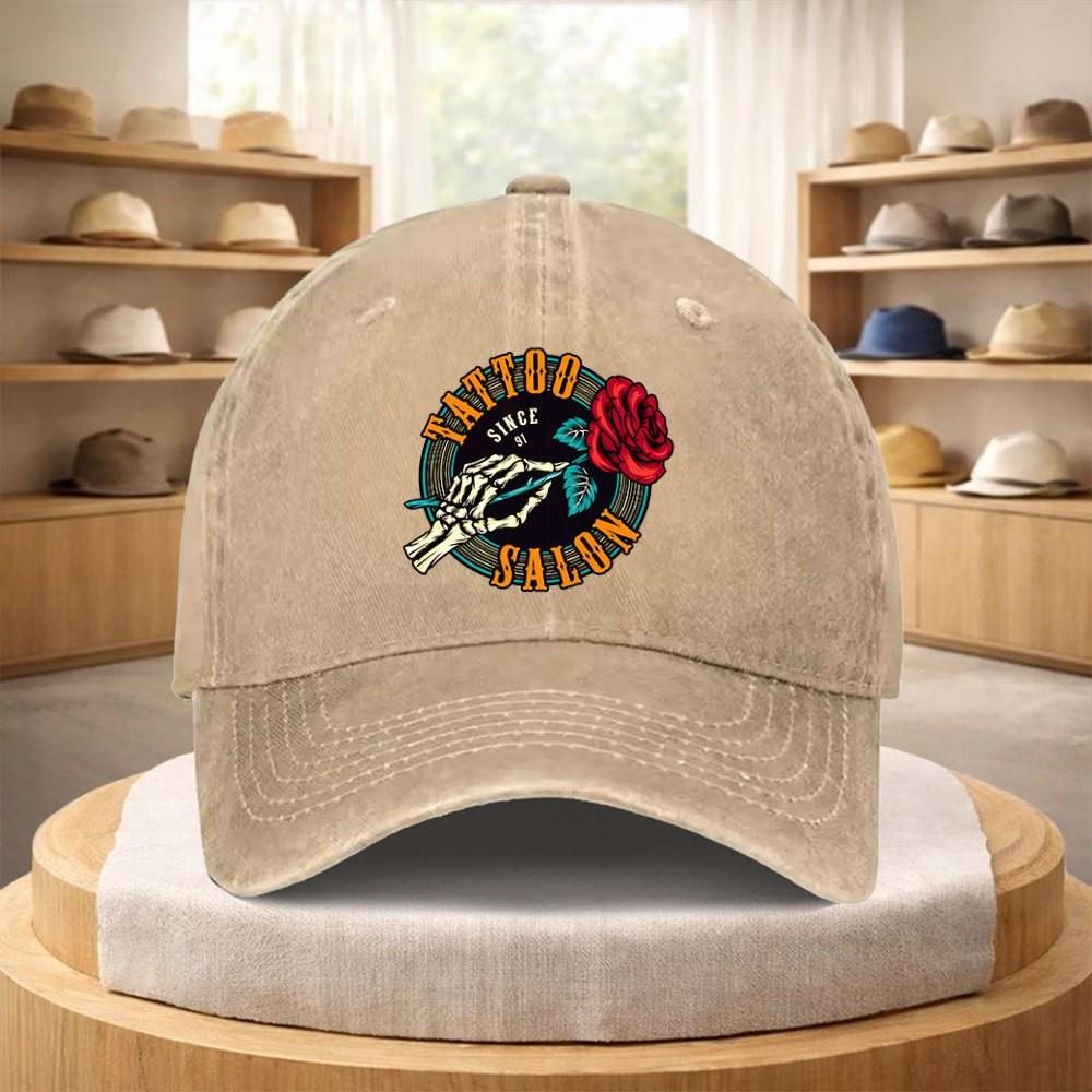 Tattoo Salon Skeleton Rose Baseball Cap Washed Denim Adjustable Vintage Streetwear Hat Unisex