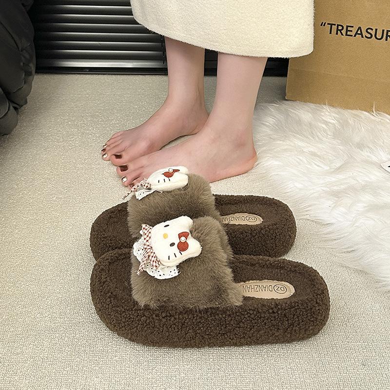 Fleece Warm Fluffy Slippers One-word Drag Internet Celebrity Fashion Cartoon Hello Kitty Cotton Slippers Women's 2025 Autumn and Winter New