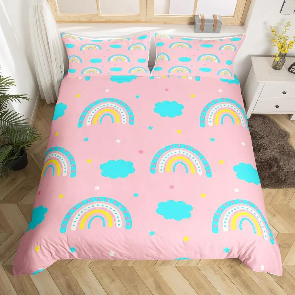 Cartoon Rainbow Sun Bedding Set For Girls Kids Bedroom Decor Comforter Cover Kawaii Art Duvet Cover Polyester Comforter Cover