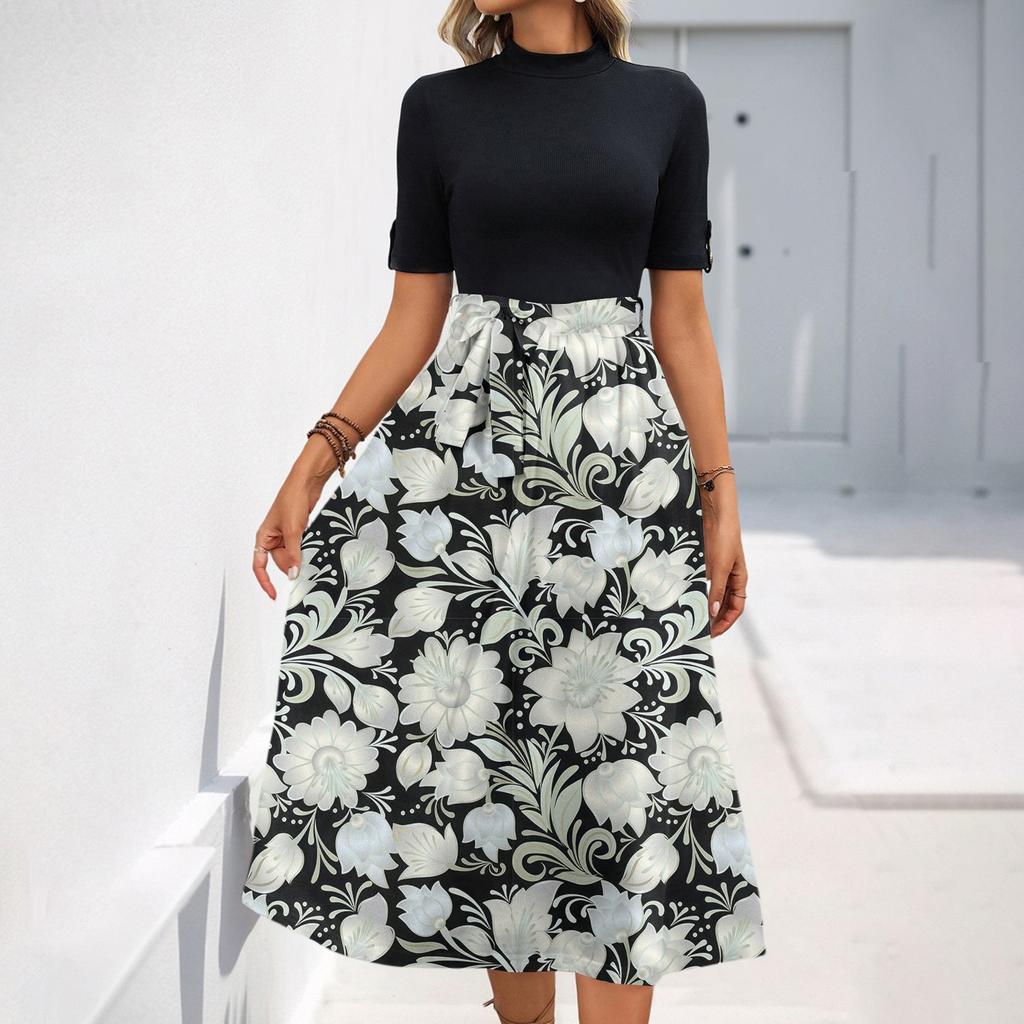 Women's Fashion Casual Belt Short Sleeve Round Neck Floral Elegant Temperament Dress