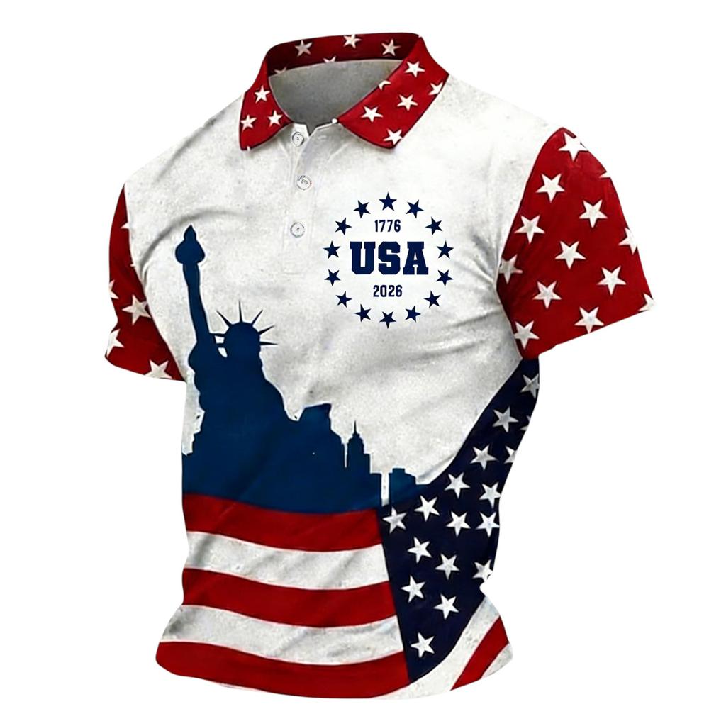 Mens Short Sleeve Polo Shirt USA Statue of Liberty and Flag Graphic Print Collared Casual Top Button Placket