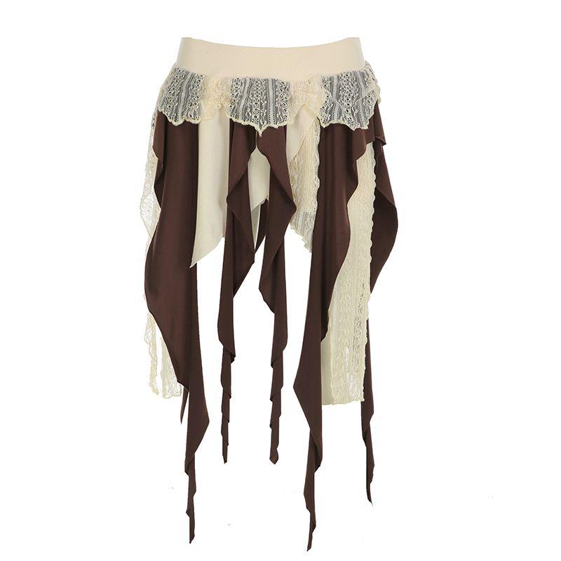 

H European and American Women s Clothing Nomadic Wandering Asymmetrical Color Contrast Patchwork Tassel Skirt Exotic Western Bohemia Skirt Brown L