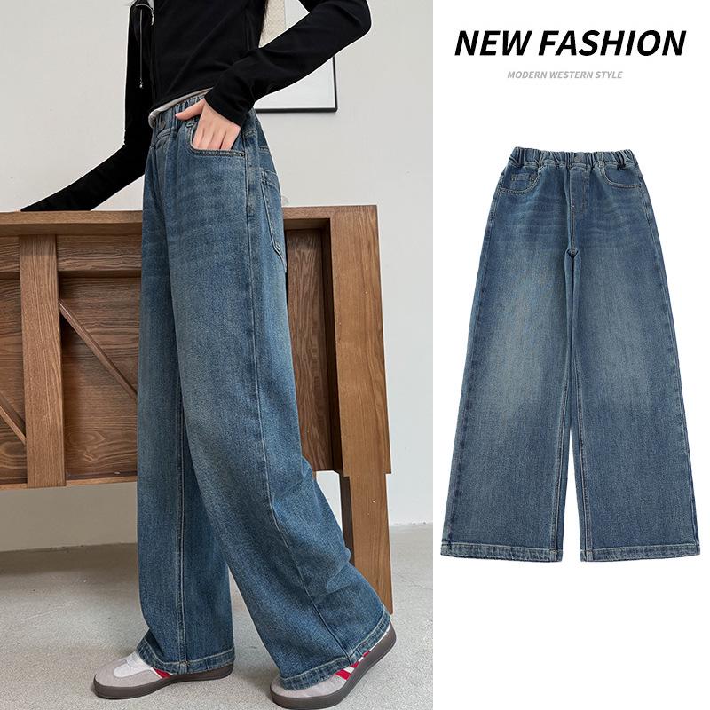 

2025 Girls Embroidered Wide-Leg Jeans: Spring/Fall Casual Straight-Leg Pants for Medium & Big Kids 120 cm джинсовый синий