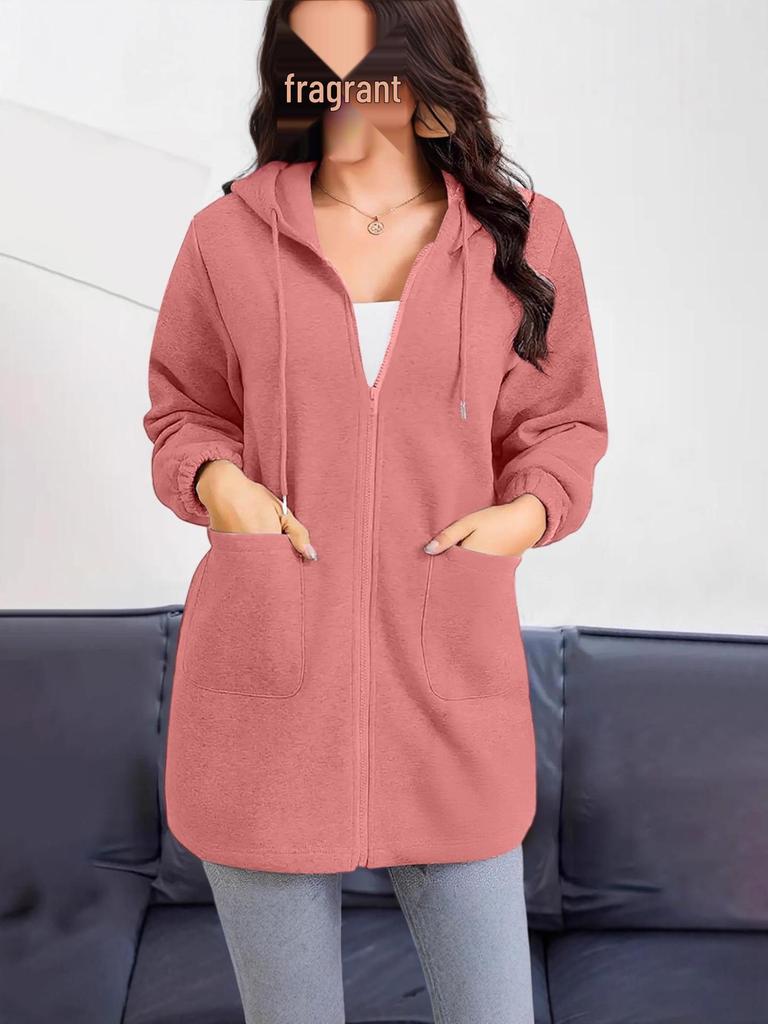 2025 Women's European & American Casual Hooded Long Jacket with Zip Pockets