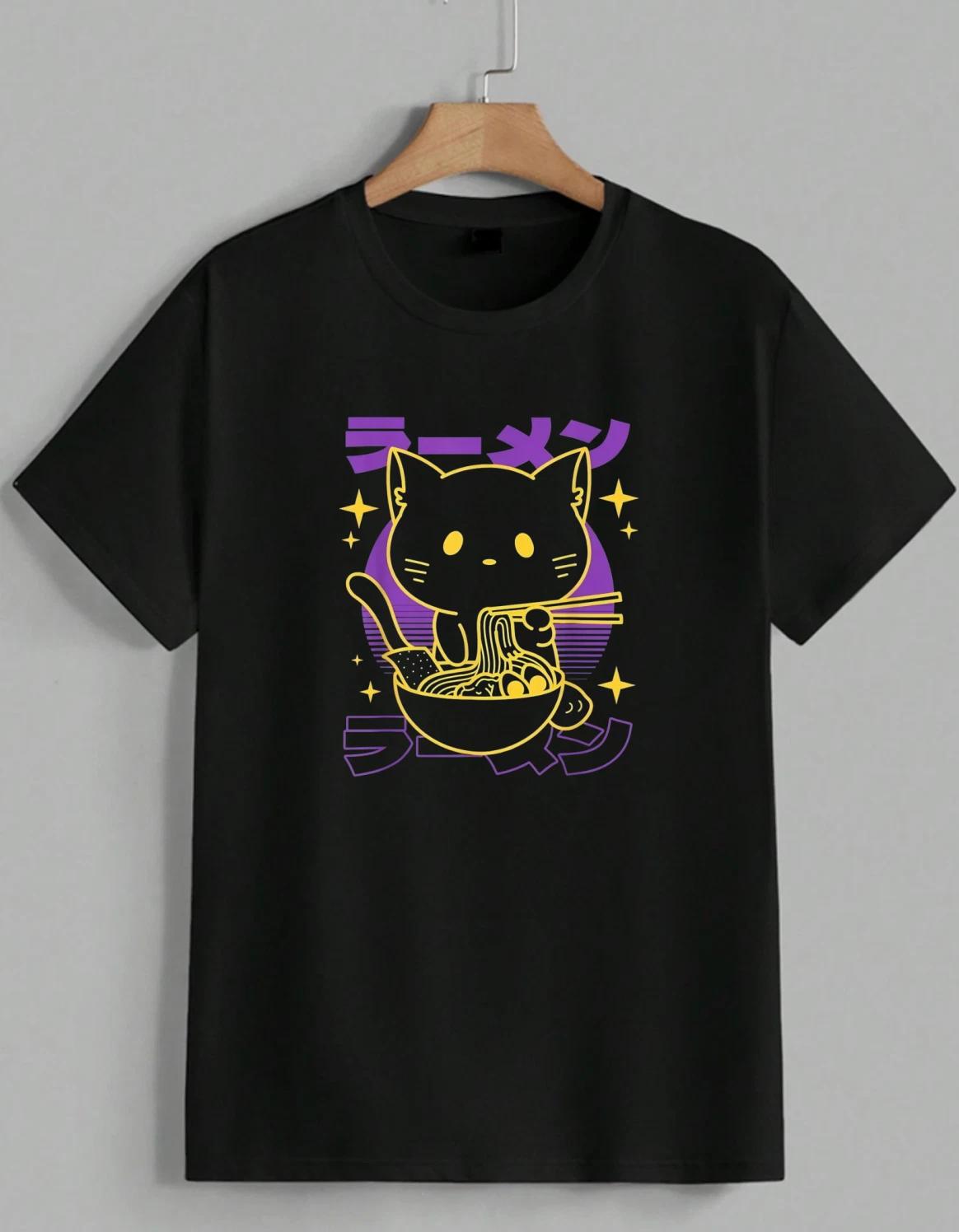 Anime Cat Eating Ramen Graphic T-Shirt Kawaii Japanese Noodle Vintage Tee Unisex 1 S