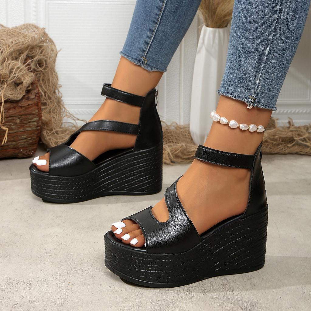 Open-toe Slope Sandals Leather Strap Roman Shoes 2026 Summer Fashion Lightweight Thick Sole Non-slip High Heels Women's Shoes