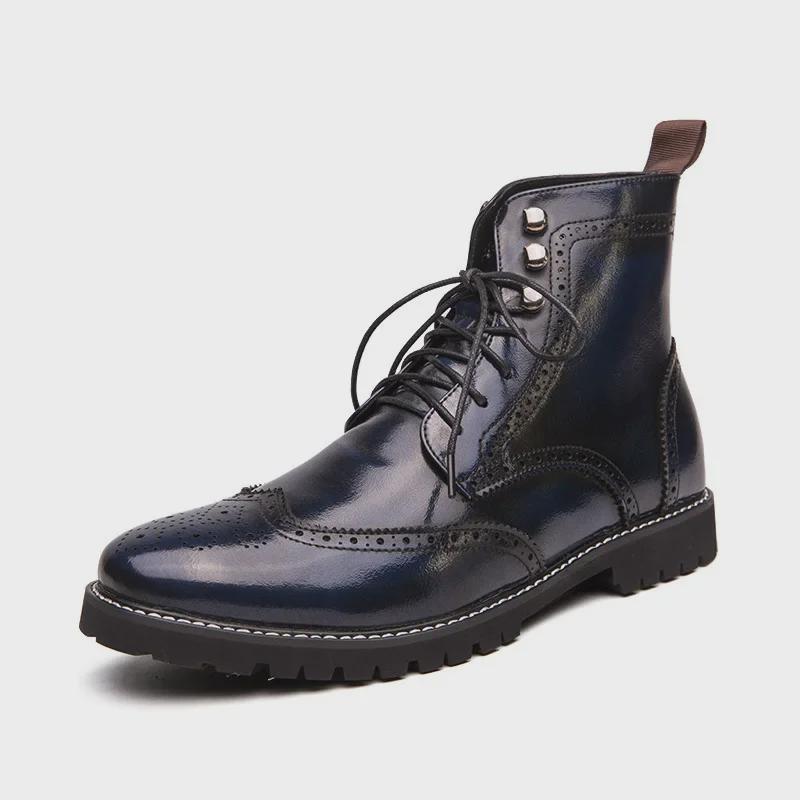 2020 Autumn/Winter Retro High-Top Leather Motorcycle Men's Boots, Casual Carved Design, Large Size