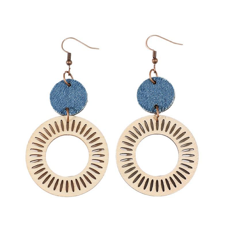 Vintage Hollow Geometric Denim Patchwork Wooden Earrings for Women