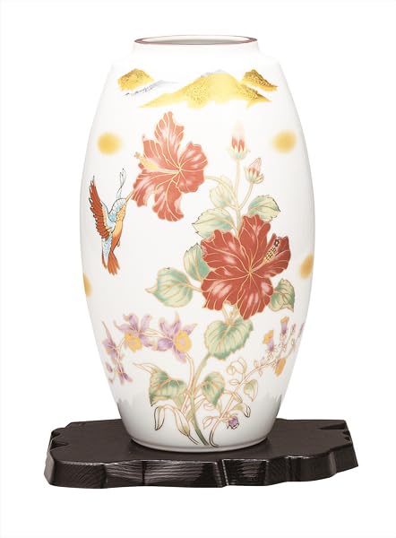 Nakamaru Kutani Ware Vase Hibiscus and Bird 9-inch - (with stand) K9-1358