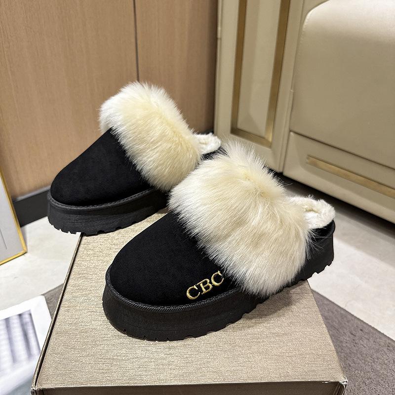 Half-tray snow boots for women's 2024 winter new outer wear warm fluffy slippers thick-soled heightening cotton slippers for women