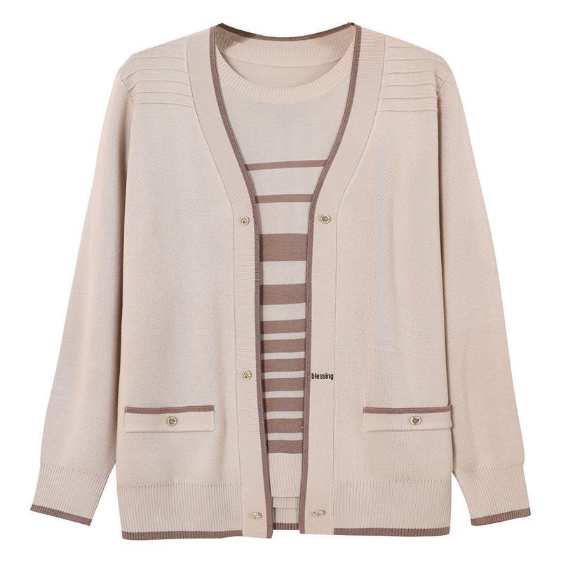 Mom's Chic Spring Knit Cardigan & Inner Layer Striped Two-Piece Set for Mid-Aged Woman