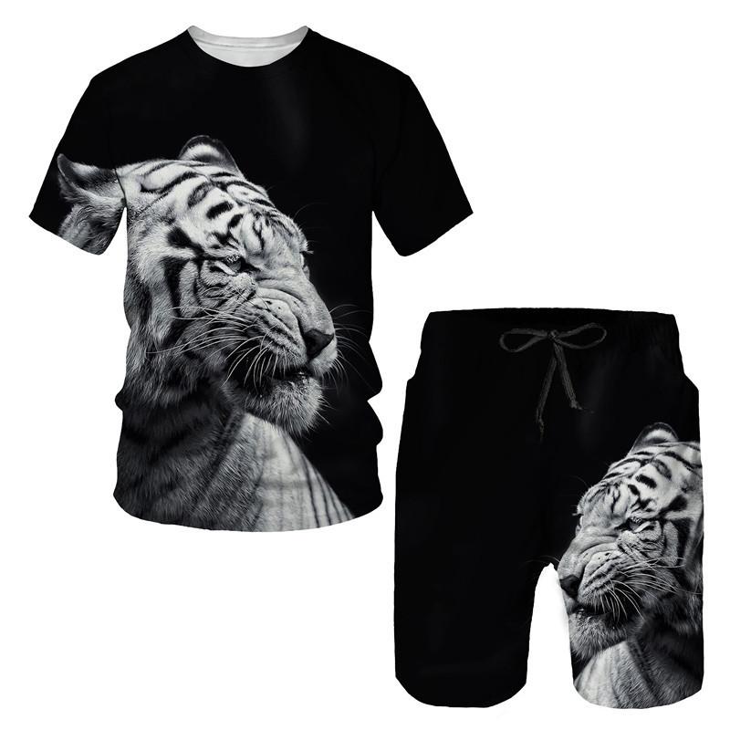 Summer Tiger 3D Printed T-shirt/Suit O Collar Men's Short Sleeve Beach Pants 2 Piece Suit Sportswear Casual Fashion Shorts