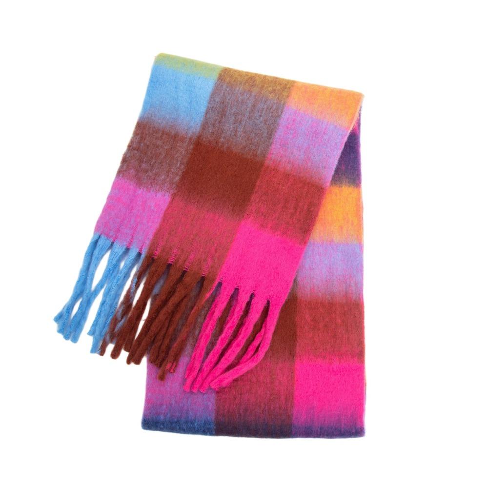 Long Plaid Wool Scarf Mohair Women Cape Elegant Rainbow Tassel Shawl Student
