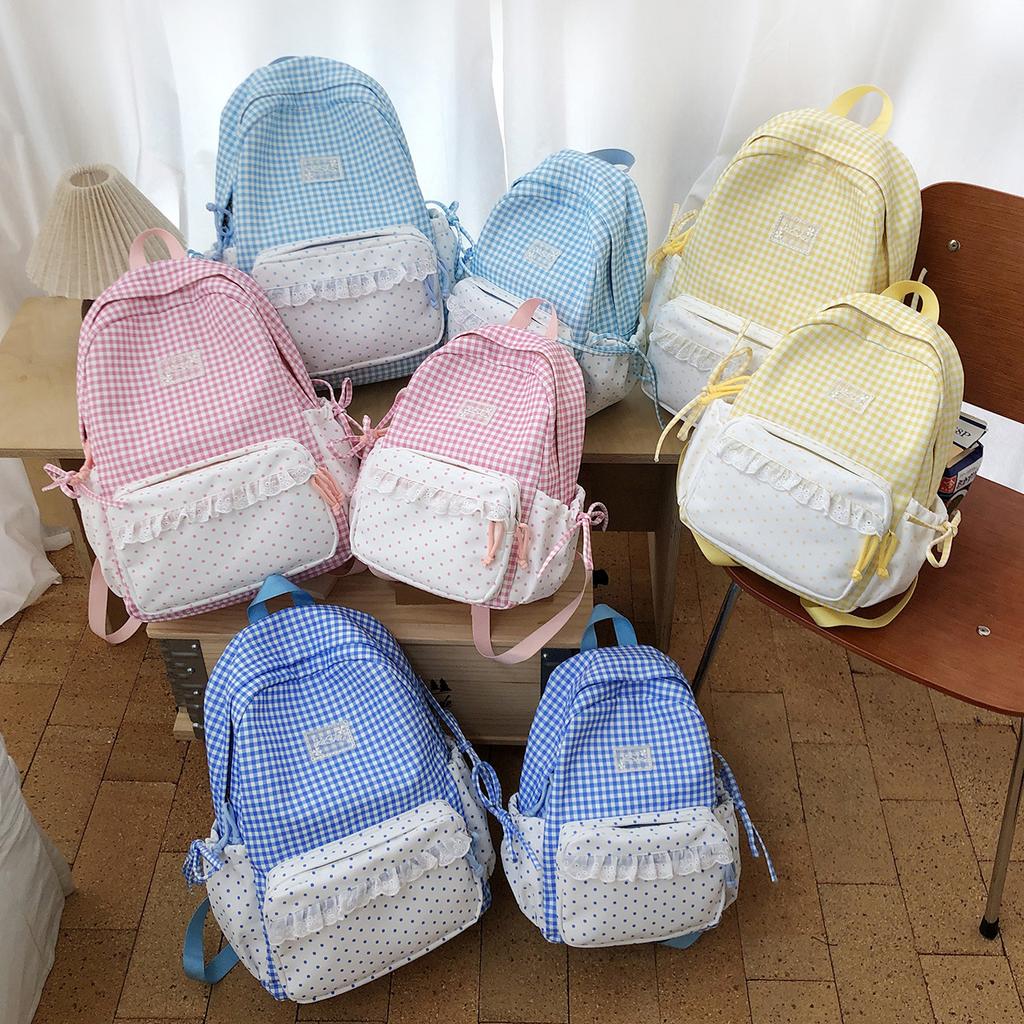 Schoolbag Korean ins Fresh Plaid Polka Dot Backpack Girl Heart Lace Small School Bag Junior High School College Student Commuter Bag