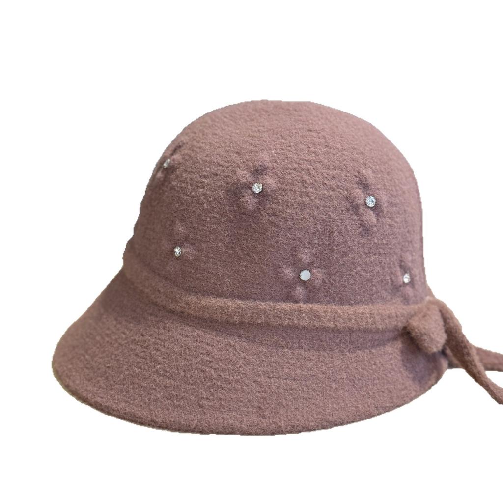 New Winter High-end Handmade Woolen Hat with Rhinestone Decoration, Japanese-style Warm Fisherman Hat, Elegant Women's Bucket Hat, Trendy