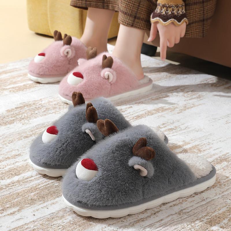 Children's Cotton Slippers Female Christmas Elk Autumn and Winter Fluffy Slippers Indoor Home Non-slip Warm Cotton Mop Parent-child Model