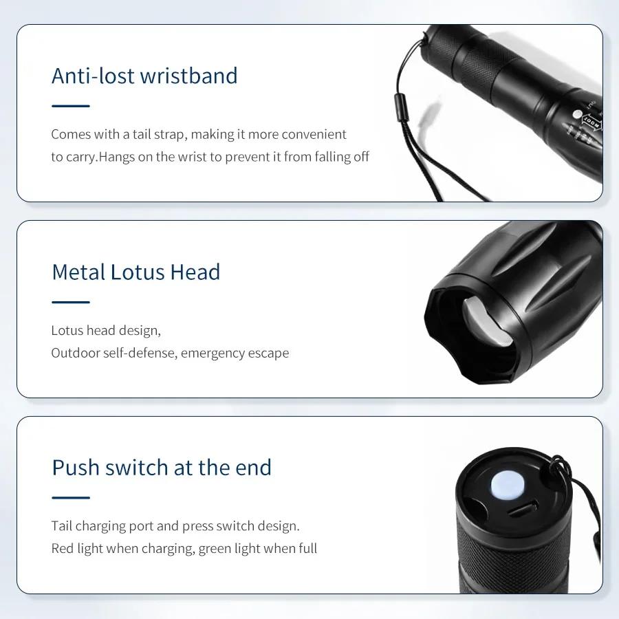 4 In 1 Multi-color Strong Light Flashlight LED Aluminum Alloy Zoom Flash Light Torch Rechargeable Outdoor Camping Lamp
