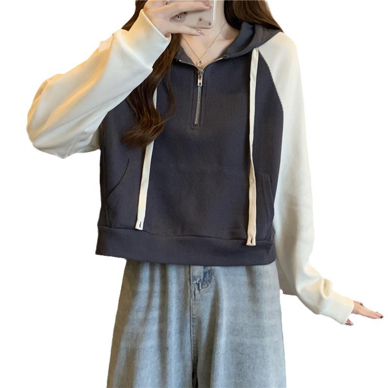 Women's Color Block Raglan Half-Zip Hooded Sweatshirt - Spring/Autumn 2023 Petite Versatile Short Top