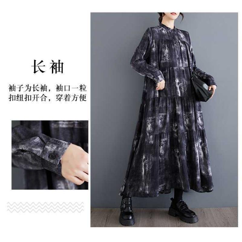 Nowe Sukienki w Dużym Rozmiarze, Luźne, Cienkie, Modne, z Długim Rękawem, Drukowane, o Długości Midi