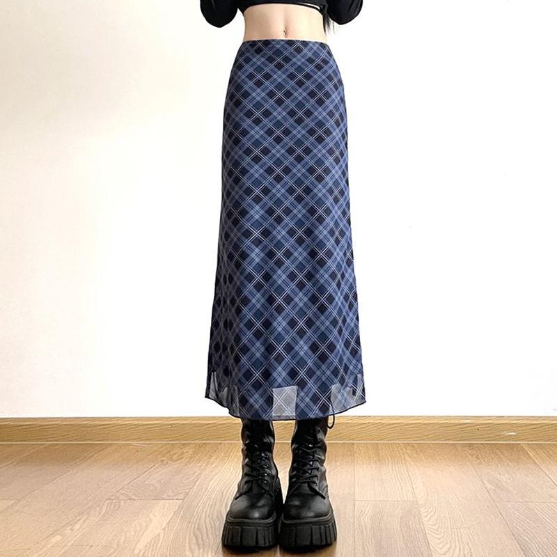 Damen Frühling Herbst Karomuster Wickel Hüftrock Mode Knöchellang Sexy Slim Bleistiftröcke Preppy Stil Mädchen Schlitz Midirock