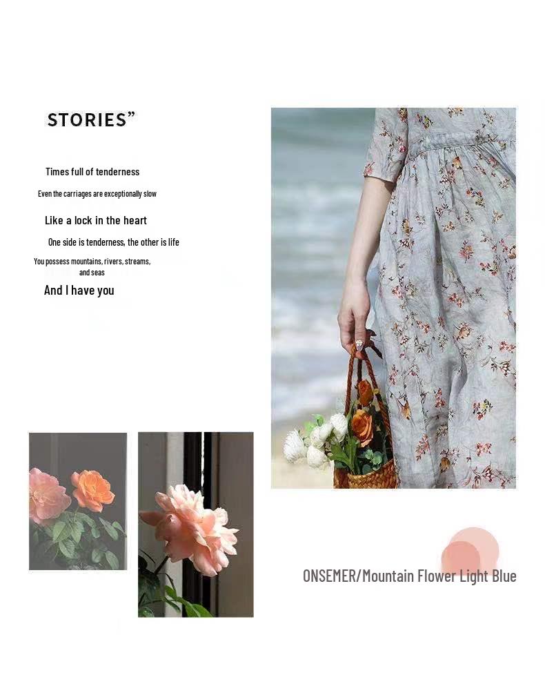 2026 Summer Cotton Linen V-Neck Waist-Cinching Printed Dress - Fashionable Casual Short-Sleeve Skirt for Women