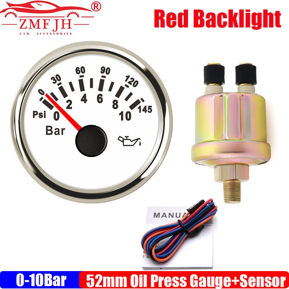 Red LED Pointer Oil Pressure Gauge with Press Sensor 1/8NPT Car 52MM Oil Press Meter Indicator 0~5Bar,0~10Bar,0-75PSI,0-145PSI