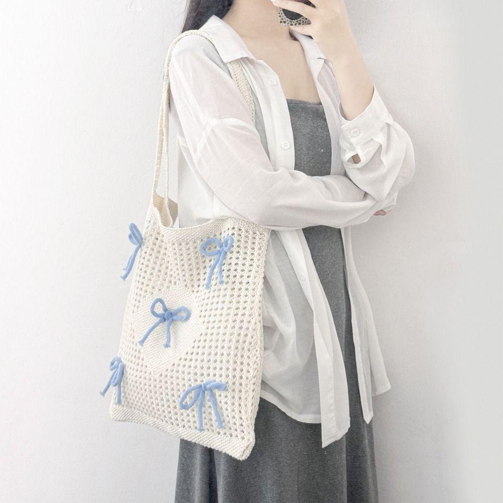 

Large Capacity Crochet Beach Tote Bag Handmade Weaving Hollow Out Handbag Party Vacation синій