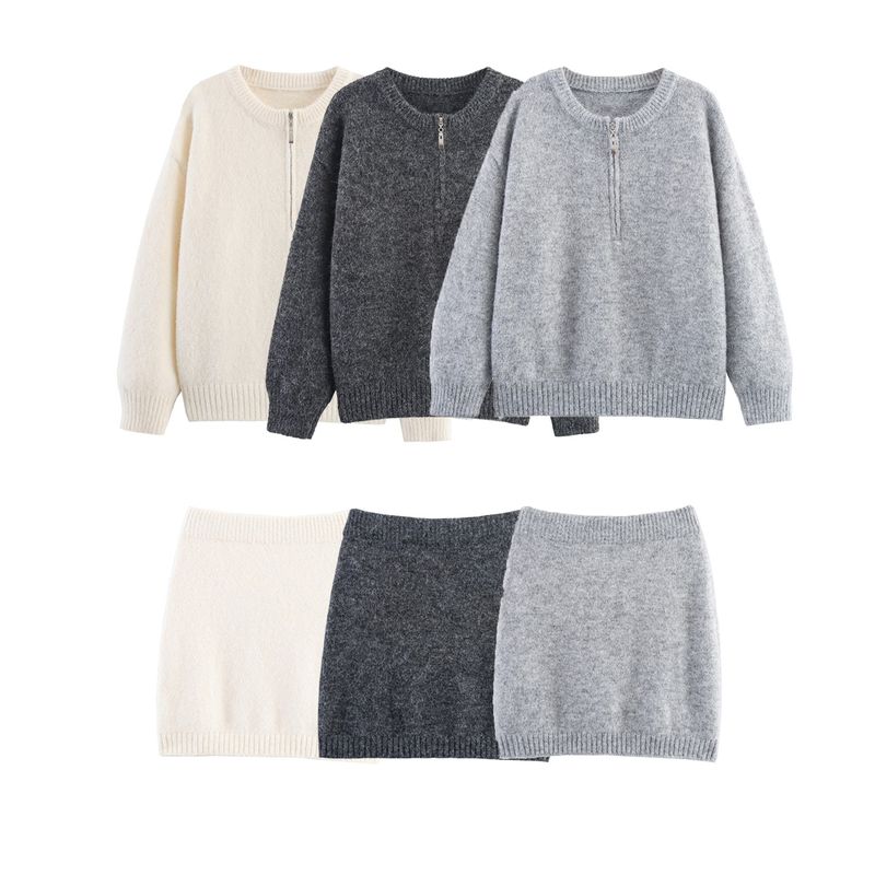 Kaslead New Women Clothes Western Style Round Neck Half Zipper Pullover Knit Sweater Short Skirt Sets