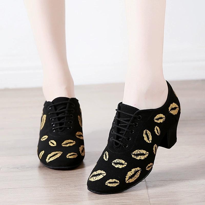 Lip Print Latin Dance Shoes Women Oxford NET Cha Cha Dance Shoes Ballroom Dancing Shoes Mesh Sneakers Canvas Square Shoe Woman