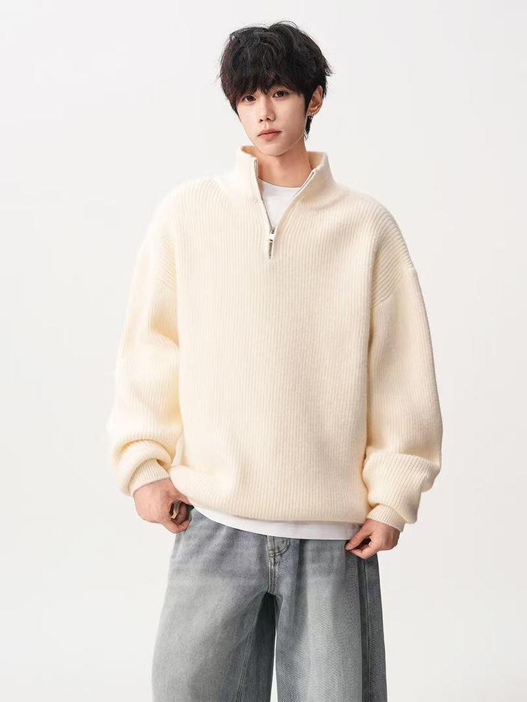 Men's Loose Knit Half-Zip Sweater - Solid Color, Stand-Up Collar, Cozy Autumn/Winter Pullover