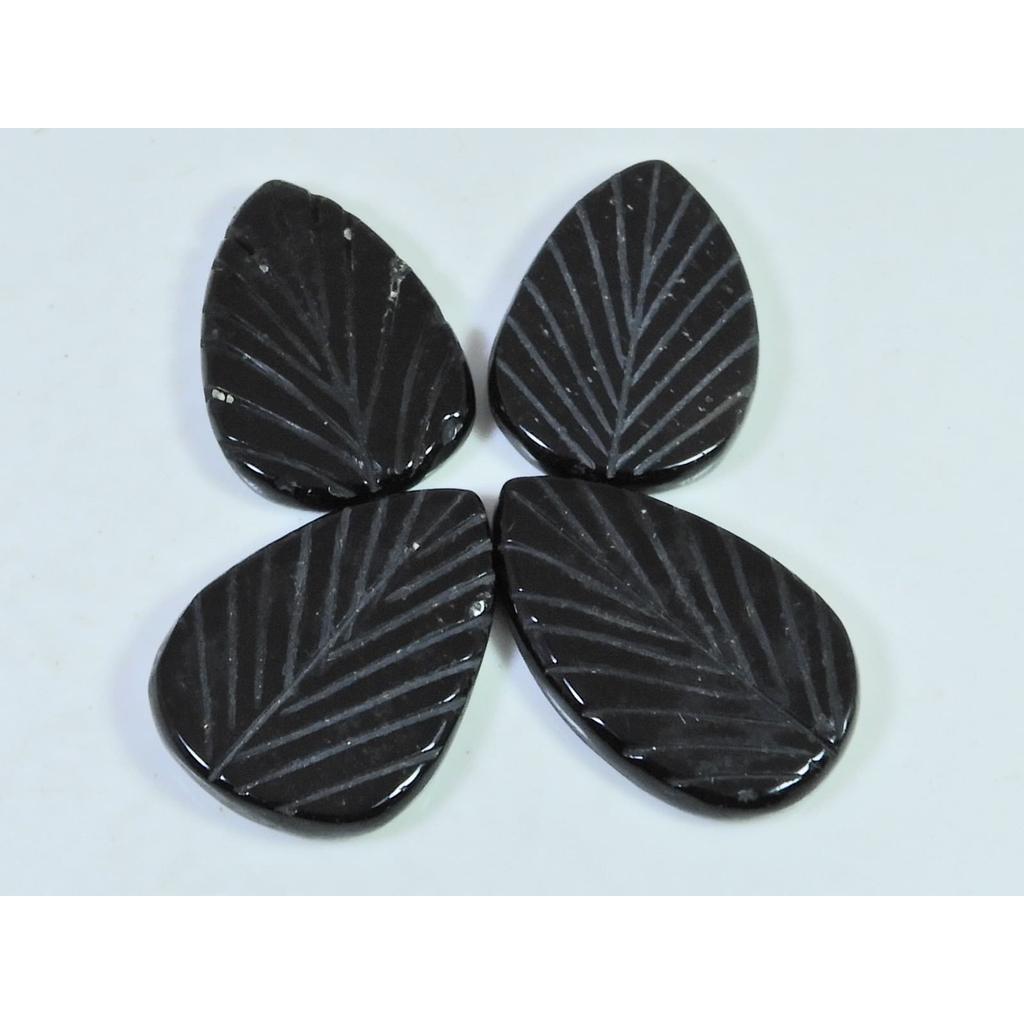 93Cts. Black Onyx Leaf Carving Pear Cabochon Loose Gemstone 04 Pcs Lot C-1859