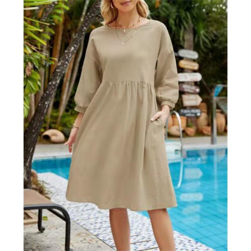 New Women's Solid Color Fashionable Sleeve Loose Cotton Linen Dress