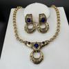 Retro Vintage High-end French Style Buckle Earrings Antique Zircon Pendant Necklace Set Accessories