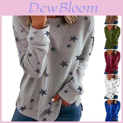 Damen Lässige Tunika Rundhalsausschnitt Langarm Sternenprint T-Shirt Top Bluse Für Täglichen Komfort Und Stil