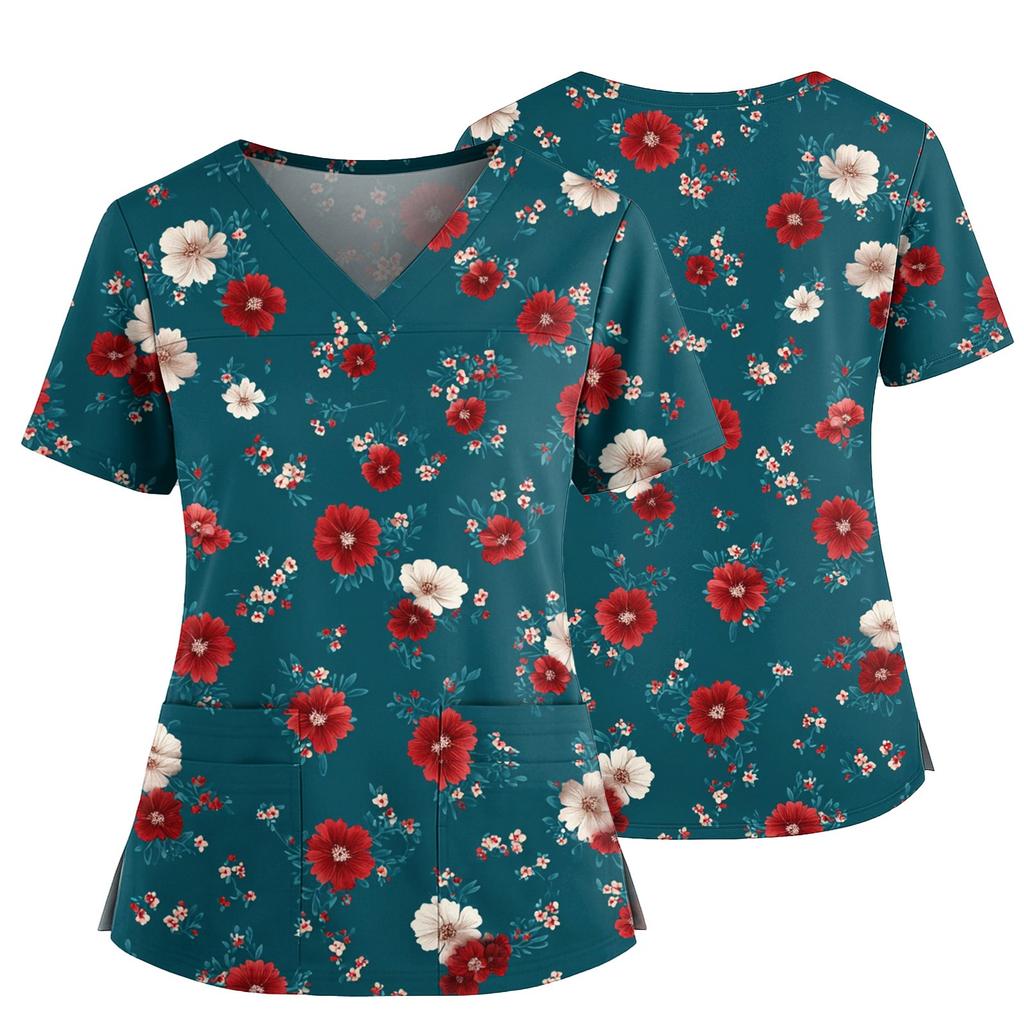 Women's Casual Printed V-Neck Pocket Side Slit Short Sleeved Top Short Sleeved Top