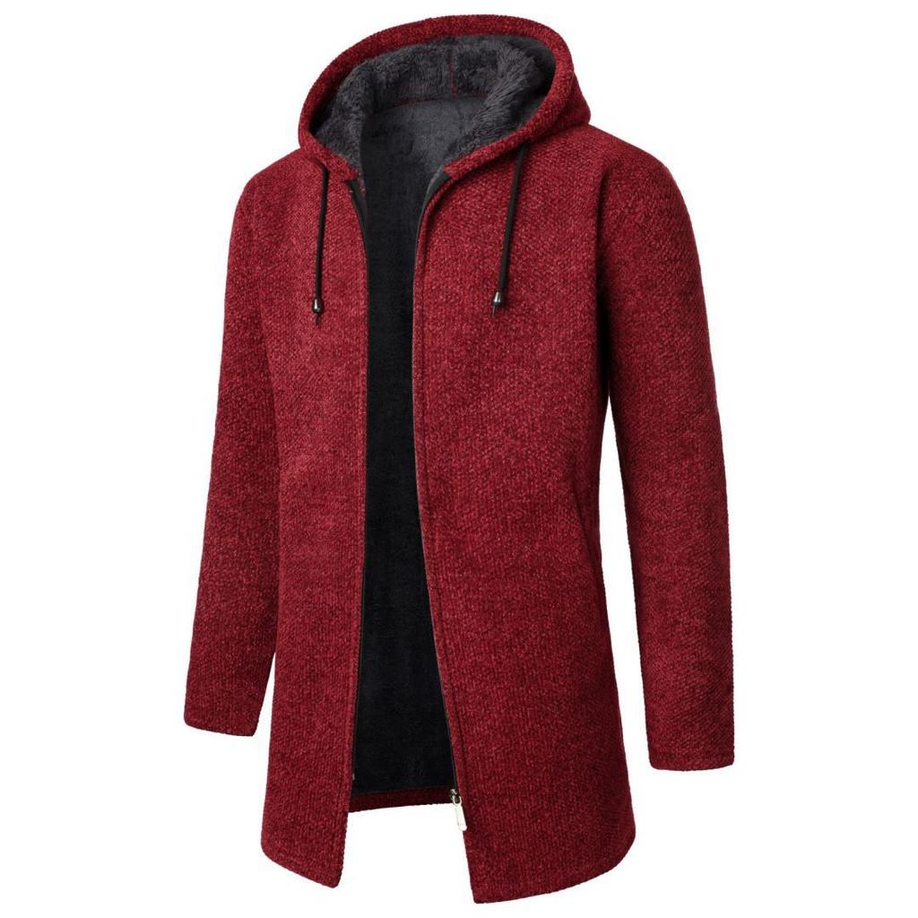 Men's Solid Color Long Hooded Fleece Fashion Knitted Sweater Jacket