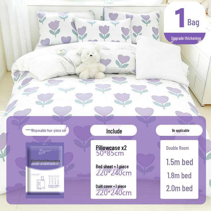 Purple Disposable 4-Piece Non-Woven Bedding Set: Bed Sheet & Duvet Cover for Hotel or Travel. Ideal for Comfortable, Naked Sleeping.