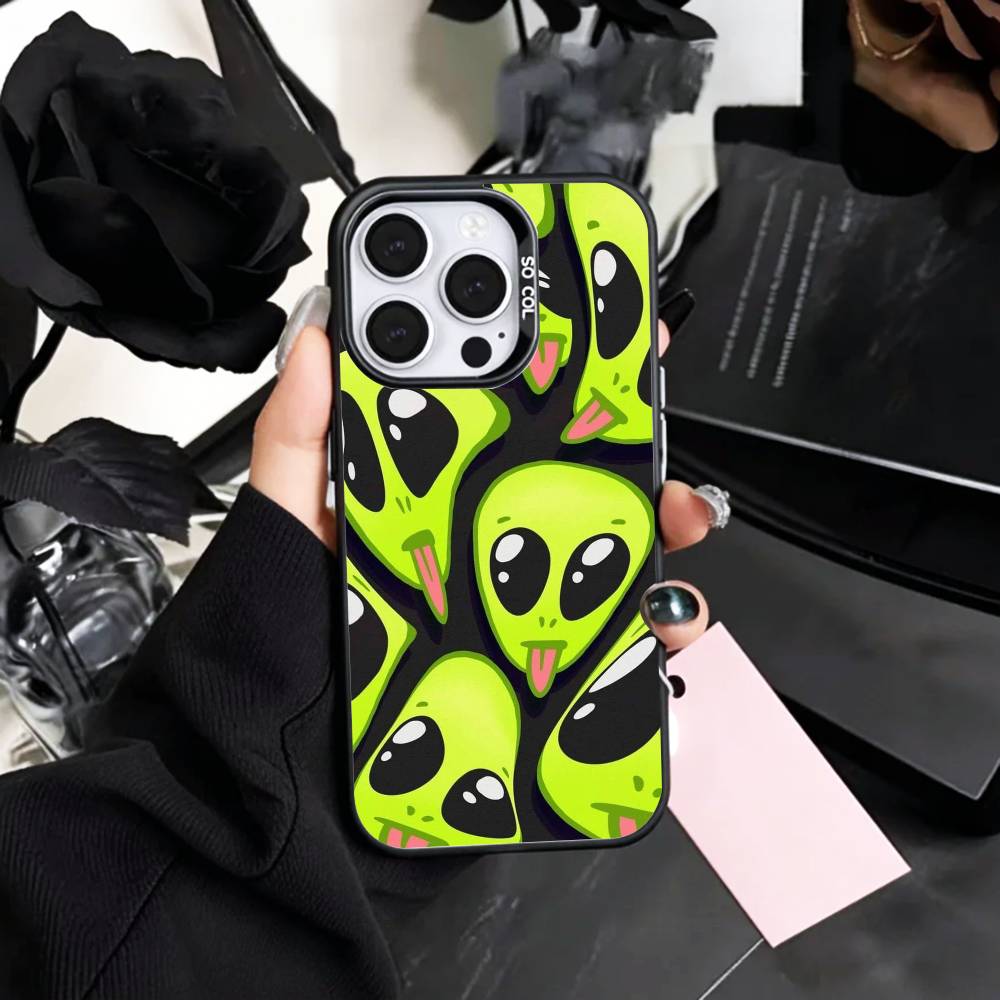 Cool C-Cartoon Alien Space   Phone Case For iPhone17,16,15,14,13,12,11 Plus,Pro Max Colored Silver Plated Inside Cover