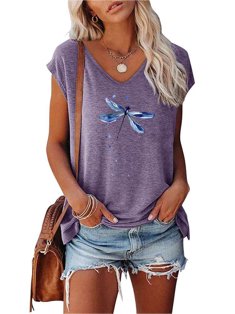 Women Fashion Printed Top Summer V Collar Tee Shirt Ladies Casual Short Sleeve T-shirt