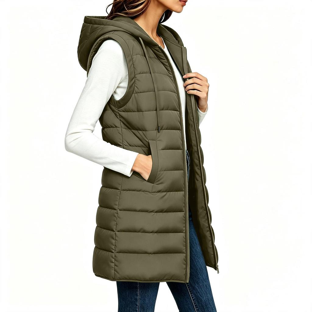 Women's Casual Long Hooded Sleeveless Quilted Vest