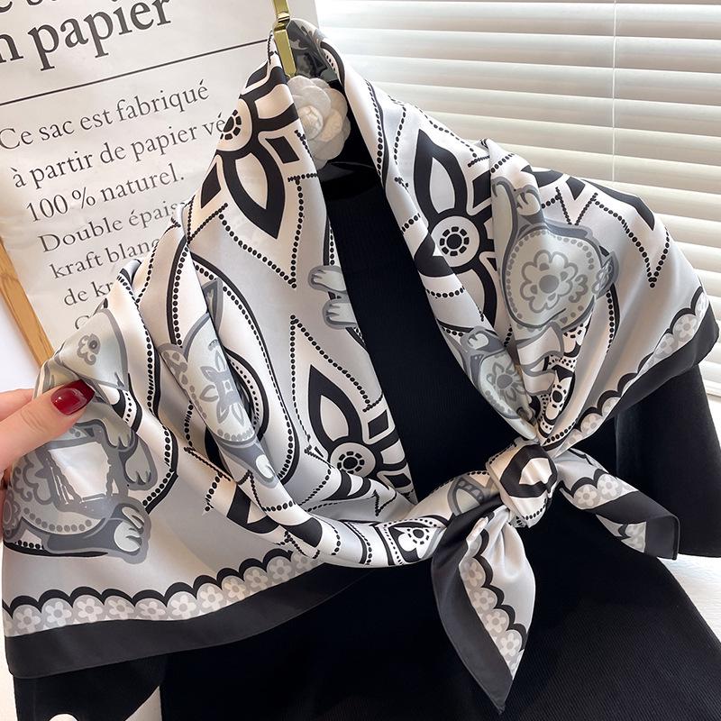 Women's Retro Twill Silk Scarf - 90cm Versatile Shawl for Travel & Sun Protection