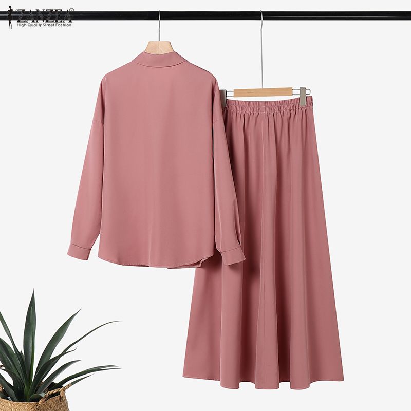 ZANZEA Women Long Sleeve Blouse and Skirts Muslim Casual Two Piece Suit Sets