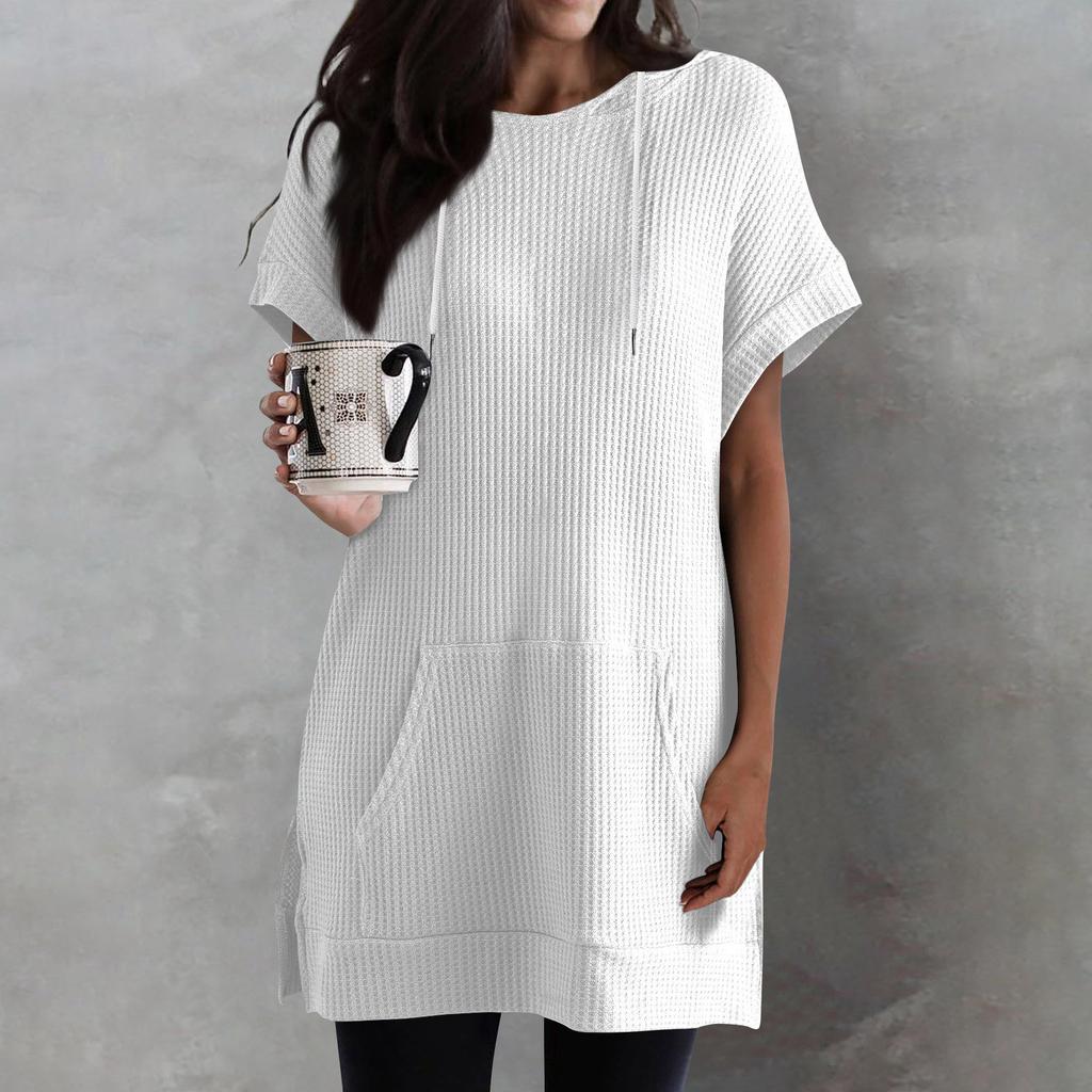 Women's Color Loose Shirts Short Sleeve Drawstring Hoodies Knit Side Slit Tunic Hooded Tops With Pocket